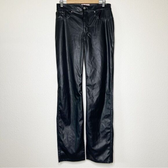 Revice Pants Size 32 Black Vegan Leather Uptown Happy Hour Straight Slit Leg - Picture 3 of 15